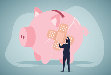 Insurance, Repairing, Broken Pink Piggybank With Bandage.