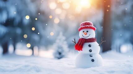Christmas decoration with a cute cheerful snowman in the snow in a winter park with beautiful bokeh