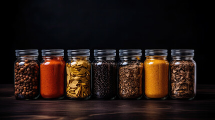different types of spice in glass jars on a table and black background