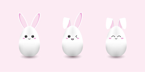Kawaii Easter eggs set. Cute happy Easter eggs cartoon character. Happy Easrer Card. Easter banny kawaii eggs.