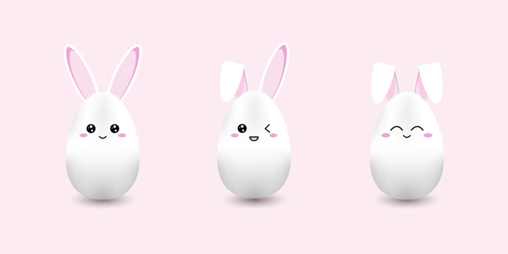 Kawaii Easter eggs set. Cute happy Easter eggs cartoon character. Happy Easrer Card. Easter banny kawaii eggs.