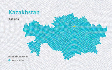 Kazakhstan, Qazaqstan Map with a capital of Astana Shown in a Mosaic Pattern