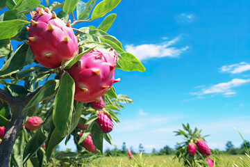 close up dragon fruit in a tree with blue sky. low angle shots