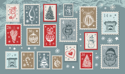 Advent calendar, Christmas Stamps, mail, postcard hand drawn illustrations.