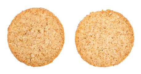 Round integral wholewheat biscuit with oatmeal isolated on white, top view
