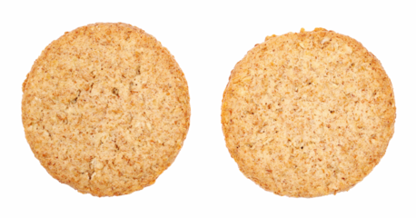 Round integral wholewheat biscuit with oatmeal isolated on white, top view
