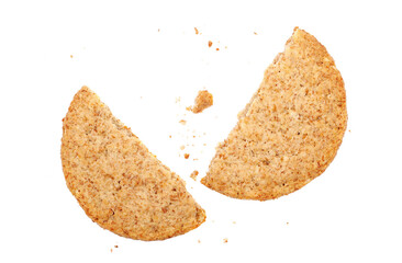 Broken round integral wholewheat biscuit with oatmeal isolated on white, top view, clipping path
