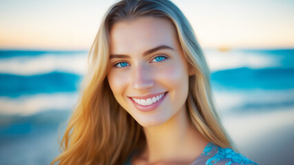 Sunlight, Smiles, and Sandy Toes: Beach Bliss with a Beautiful Blue-Eyed Girl - obrazy, fototapety, plakaty
