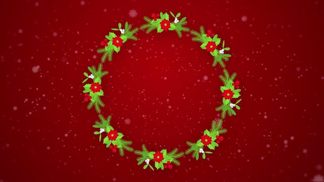 Christmas wreath 2D Animation. Round floral frame with decoration
