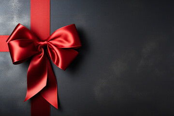 Red gift ribbon with a bow against a dark gray background