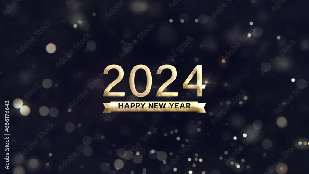 Poster 2024 happy new year golden text light motion with gold bokeh float up cinematic title animation on b
