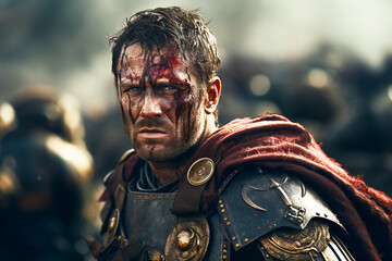 Fototapeta premium Roman officer in armor after the battle