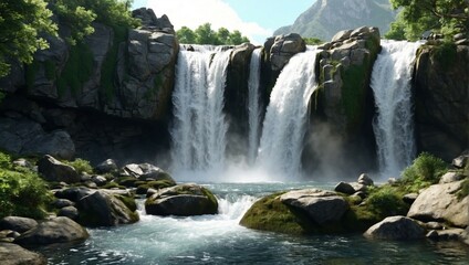 A flowing watercourse with a rapid waterfall and lush greenery
