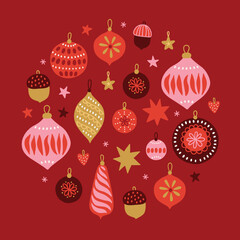 Christmas greeting card with balls, baubles, snowflakes, stars and acorns