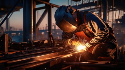 A skilled specialized worker in welding is repairing metal structures on an offshore oil plant