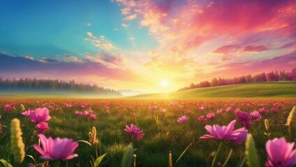 Vibrant flowers in a colorful field under a pink sky

