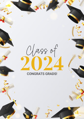 Poster template for Class of 2024. Decorative flyer for graduation 2024. Falling graduation scrolls and caps, confetti, serpentine. Vector illustration for social media, poster, degree ceremony.