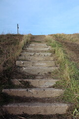 A stone path with grass and dirt on the side