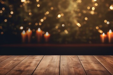 Dark wooden empty table for product display with background of blurred Christmas tree and candles - obrazy, fototapety, plakaty