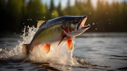A powerful salmon leaps energetically from the sparkling river, showcasing its strength and agility against a backdrop of cascading water, symbolizing the vitality of nature and the thrill of fishing. - obrazy, fototapety, plakaty