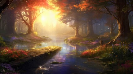 Enchanted forest pathway with mystical lighting and autumn colors. Fantasy and nature.