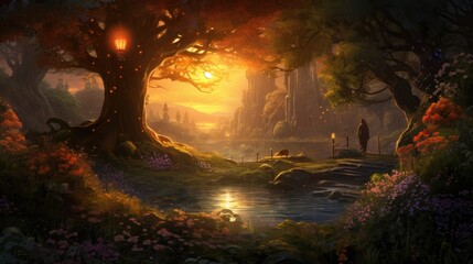 Man walks through enchanted forest with magical lighting. Fantasy landscape and adventure.