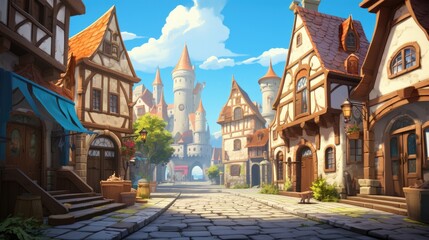 Quaint medieval town with cobblestone streets and charming houses. Fantasy world setting. - obrazy, fototapety, plakaty