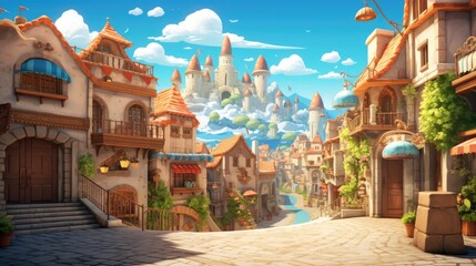 Fantasy village street leading to magical castle. Fairy tale landscape. - obrazy, fototapety, plakaty
