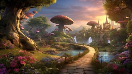 Enchanted fantasy landscape with magical mushroom and fairytale castle. Fantasy world background