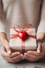 Close-up of a woman's hands receiving a beautifully wrapped gift with a red ribbon, expressing love and gratitude, symbolizing love and passion for Valentine's Day. generative AI