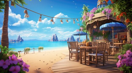Tropical beach cafe with ocean view for relaxation and vacation.