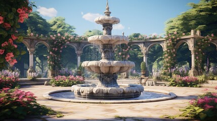Fototapeta na wymiar Elegant garden fountain surrounded by flowers and arches. Landscape design.