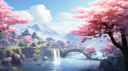 Cherry blossoms framing serene landscape with traditional architecture. Tranquility and nature.