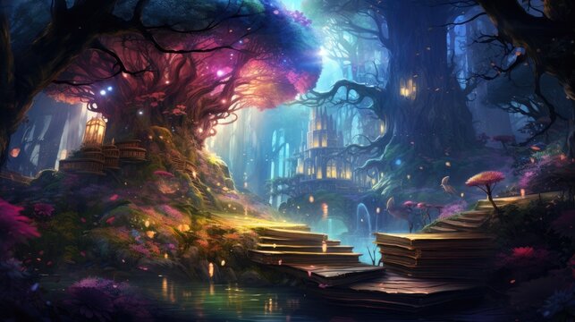 Enchanted forest scape with magical trees and glowing lights. Fantasy world.