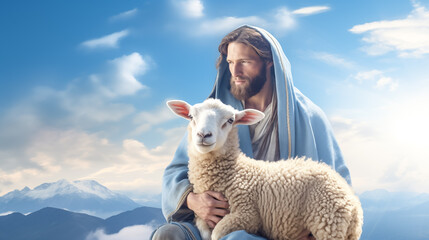 Jesus recovered lost sheep carrying it in his arms. Biblical story conceptual theme. religion,...