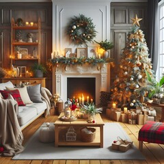 A cozy living room with a Christmas tree, fireplace, and festive decorations