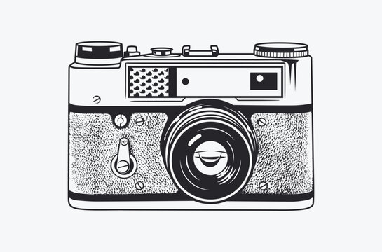Black and white illustration of a vintage rangefinder camera