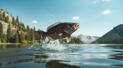 A dynamic image capturing the moment a black bass leaps energetically from the surface, creating a dramatic splash, symbolizing the thrill of sport fishing.