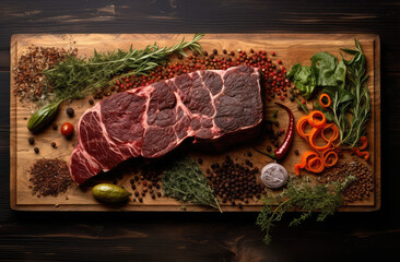 beef cut with spices and herbs on wooden board