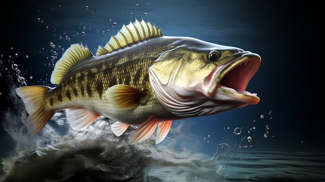 A dynamic image capturing the moment a silver sea bass leaps energetically from the surface, creating a dramatic splash, symbolizing the thrill of sport fishing.