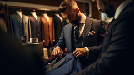 A men's suit tailor, making adjustments to a new suit. Well dressed gentleman, of a custom tailored suit shop. bespoke formal clothing