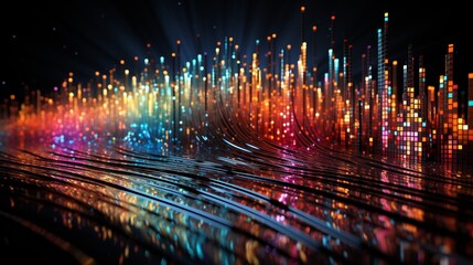 Rhythmic Waves of Color: Luminous Ribbons Dance Across a Reflective Surface in a Symphony of Light and Shadow. Data visualization picture, luminous waves and data streams