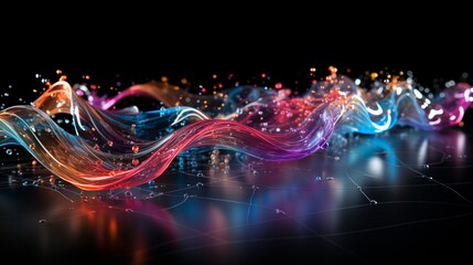 Rhythmic Waves of Color: Luminous Ribbons Dance Across a Reflective Surface in a Symphony of Light and Shadow. Data visualization picture, luminous waves and data streams