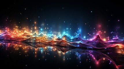 Rhythmic Waves of Color: Luminous Ribbons Dance Across a Reflective Surface in a Symphony of Light and Shadow. Data visualization picture, luminous waves and data streams