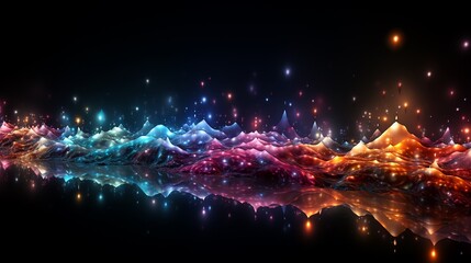 Rhythmic Waves of Color: Luminous Ribbons Dance Across a Reflective Surface in a Symphony of Light and Shadow. Data visualization picture, luminous waves and data streams