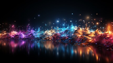 Rhythmic Waves of Color: Luminous Ribbons Dance Across a Reflective Surface in a Symphony of Light and Shadow. Data visualization picture, luminous waves and data streams