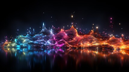 Rhythmic Waves of Color: Luminous Ribbons Dance Across a Reflective Surface in a Symphony of Light and Shadow. Data visualization picture, luminous waves and data streams