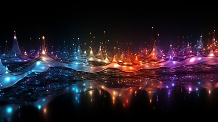 Rhythmic Waves of Color: Luminous Ribbons Dance Across a Reflective Surface in a Symphony of Light and Shadow. Data visualization picture, luminous waves and data streams