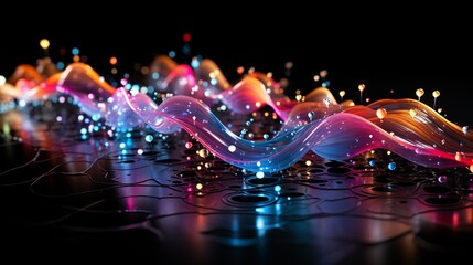 Rhythmic Waves of Color: Luminous Ribbons Dance Across a Reflective Surface in a Symphony of Light and Shadow. Data visualization picture, luminous waves and data streams