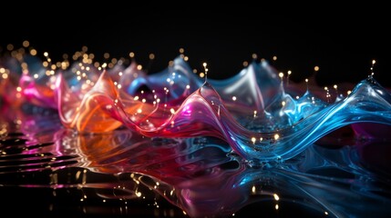 Rhythmic Waves of Color: Luminous Ribbons Dance Across a Reflective Surface in a Symphony of Light and Shadow. Data visualization picture, luminous waves and data streams